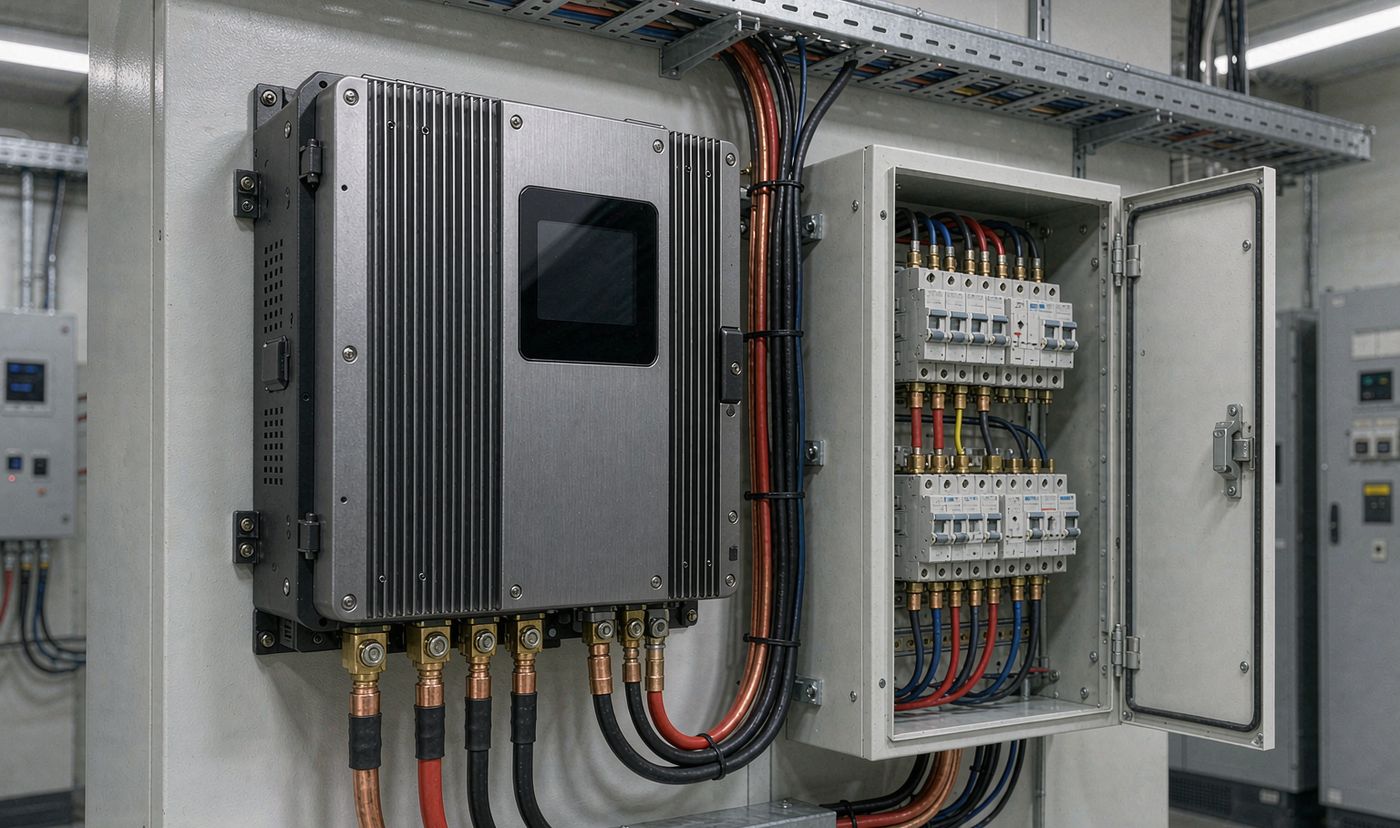 Commercial BESS cost: 50kW hybrid inverter with AC breaker panel and battery cabling