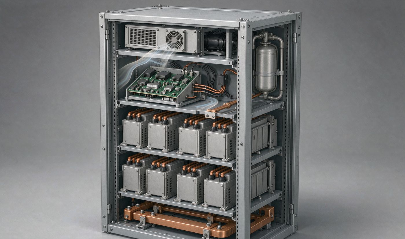 Commercial BESS cost: inside a battery cabinet - modules, copper busbars, BMS and fire suppression
