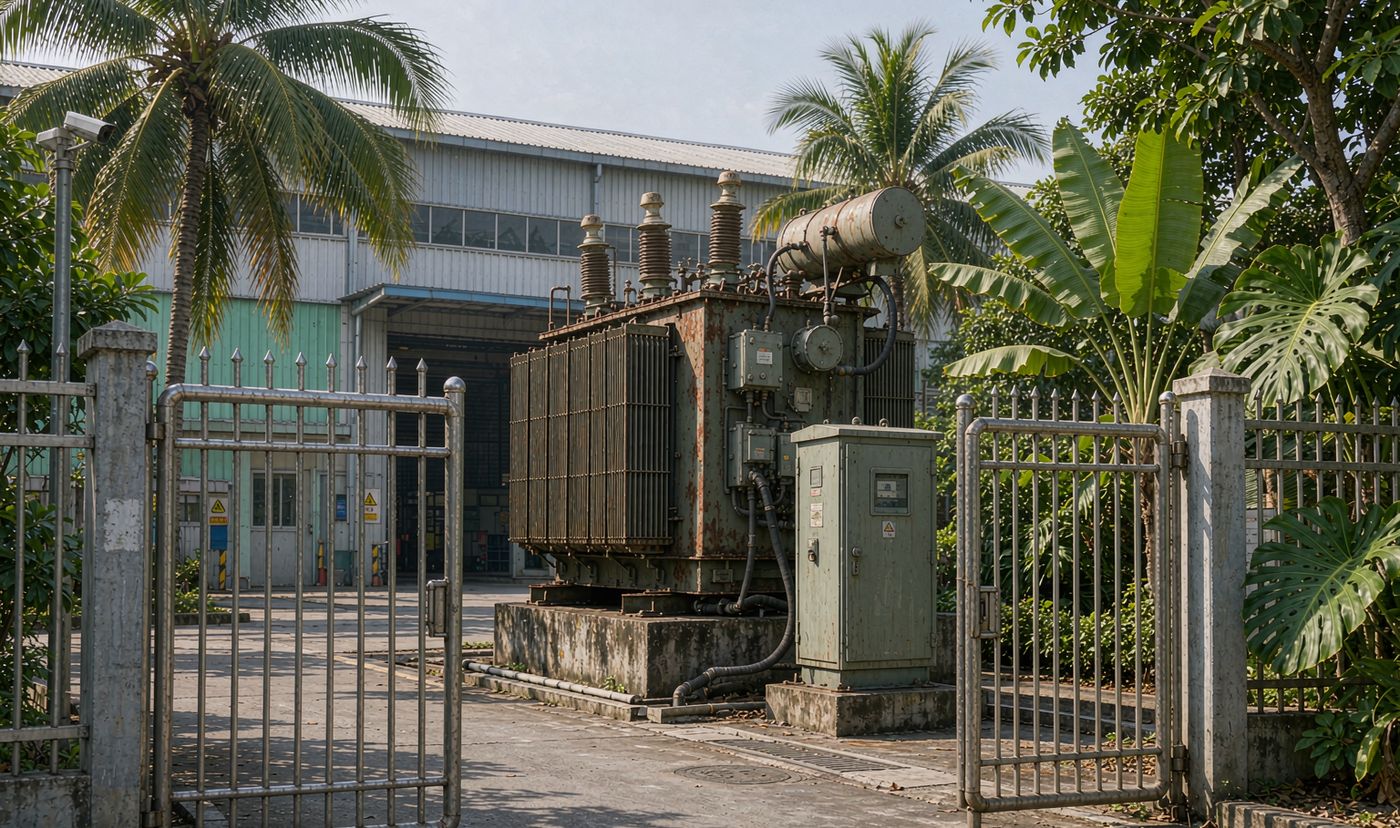 100kW solar Philippines: distribution transformer and meter at a factory gate
