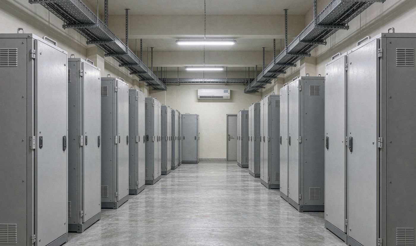 250kW solar Ghana: hotel battery storage room with rows of LiFePO4 cabinets