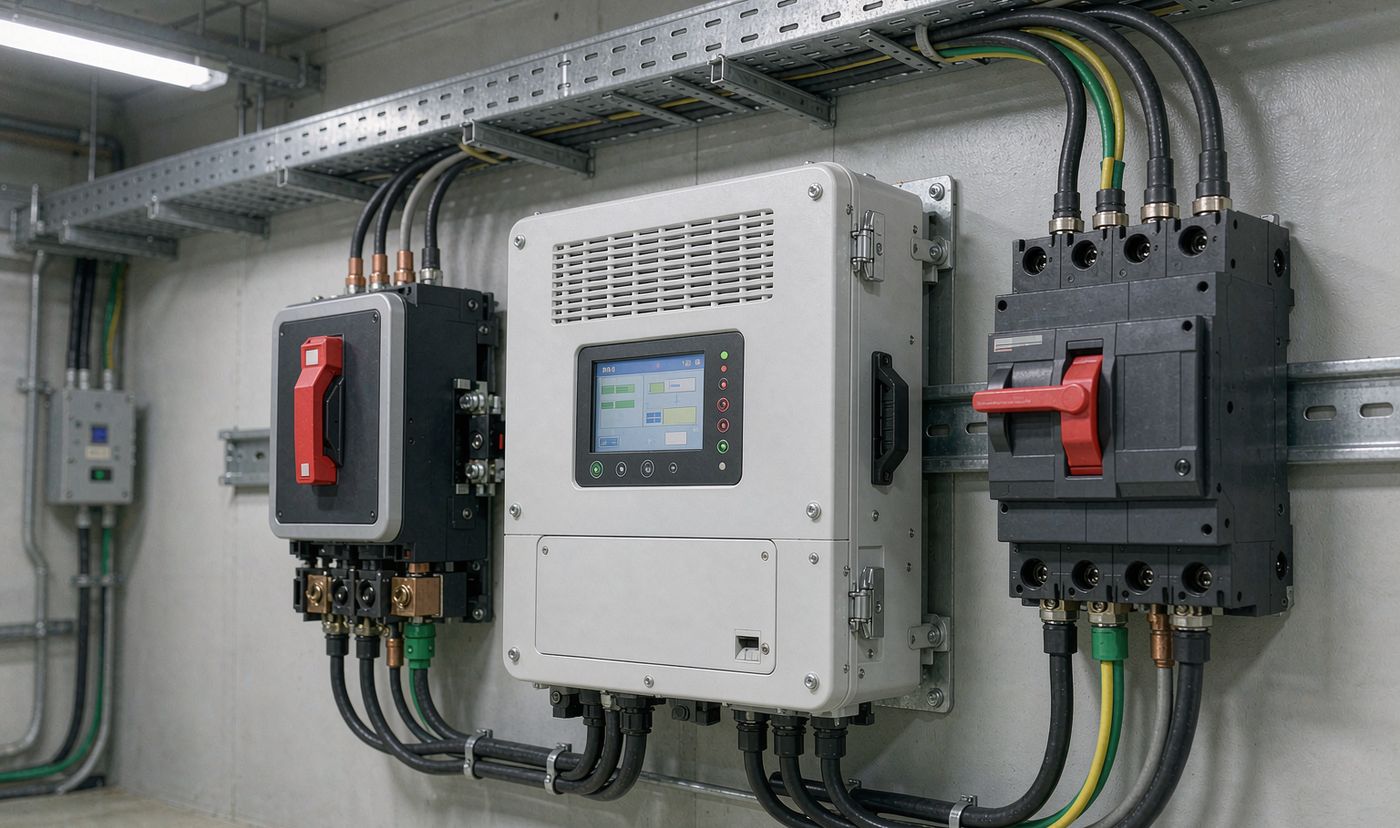 Off grid vs hybrid vs on grid solar: 100kW three-phase hybrid inverter in an equipment room
