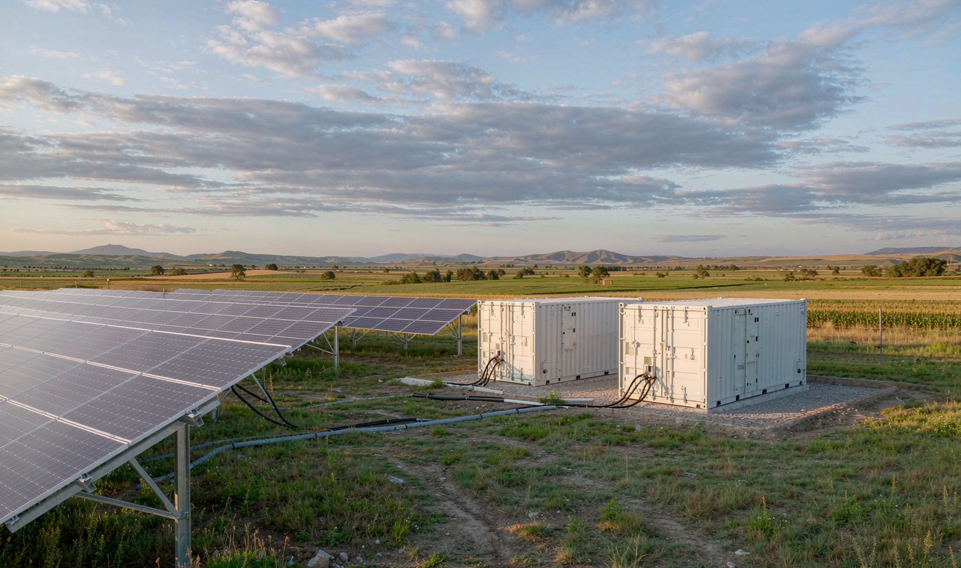 Off grid vs hybrid vs on grid solar: battery bank and solar array at a remote off-grid site