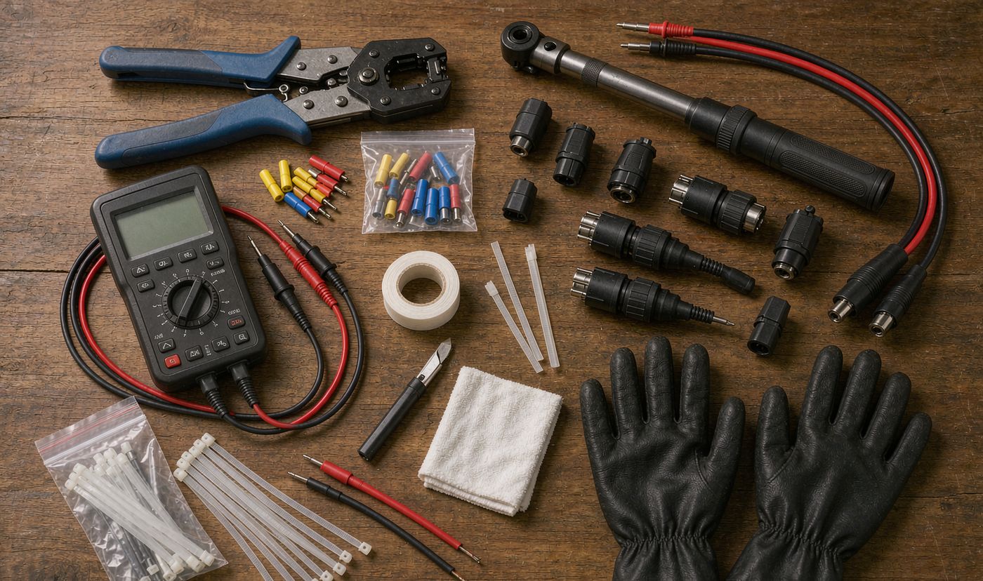 Importing solar to the Philippines: installation tool kit laid out on a workbench