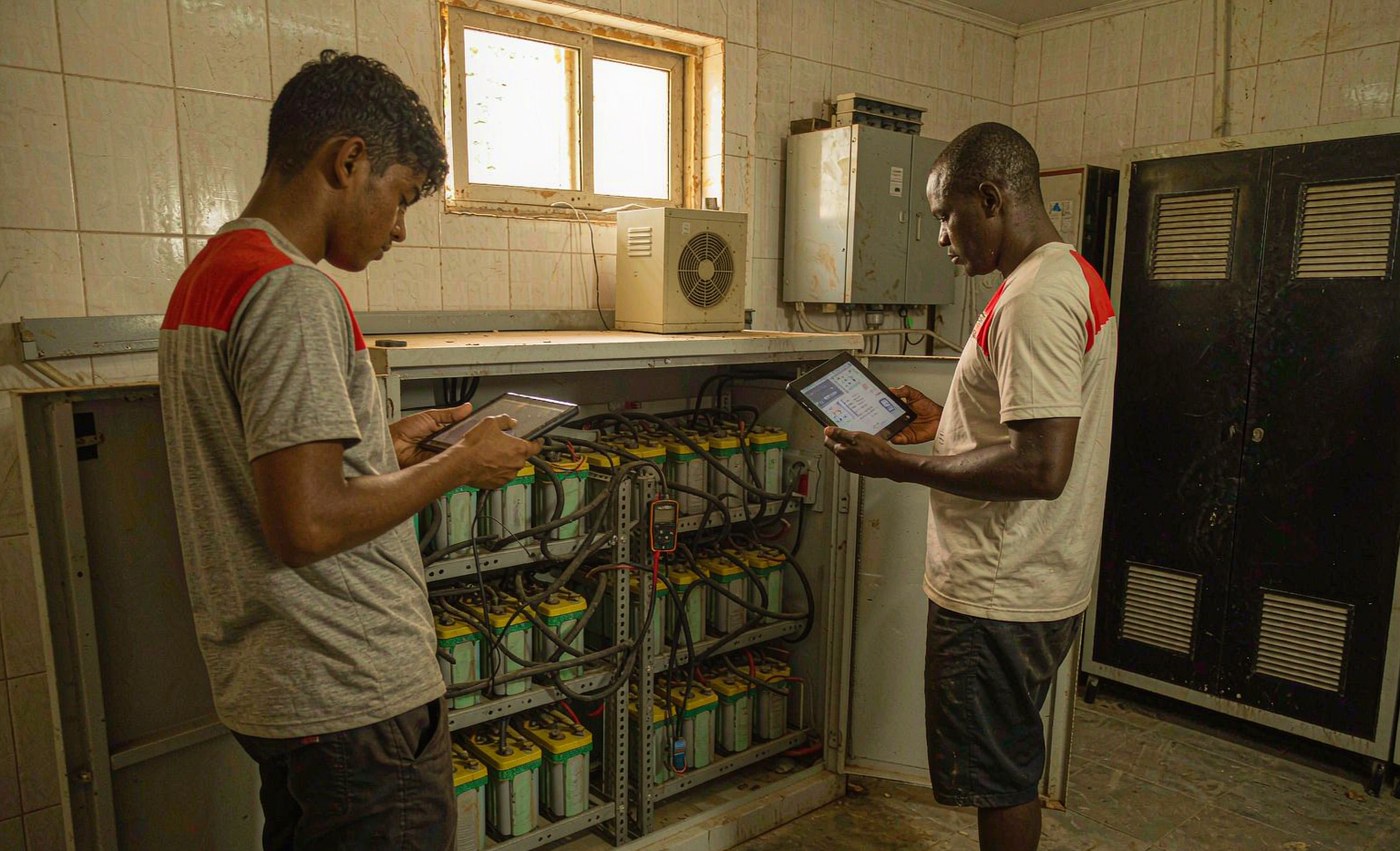 Two engineers reviewing BMS data on a tablet beside an open battery storage cabinet