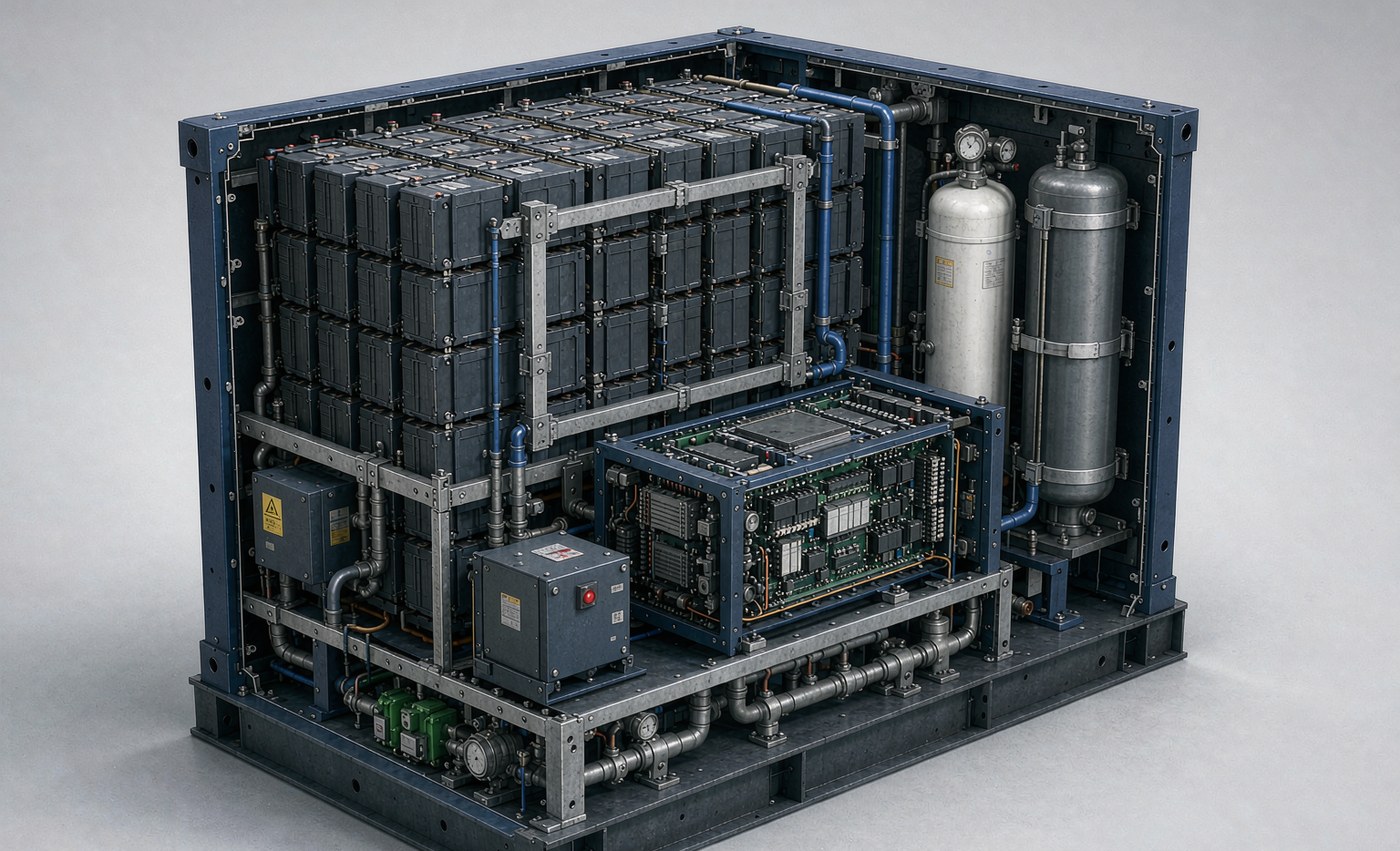 Cutaway of a commercial BESS cabinet showing battery modules, busbars, BMS and fire suppression