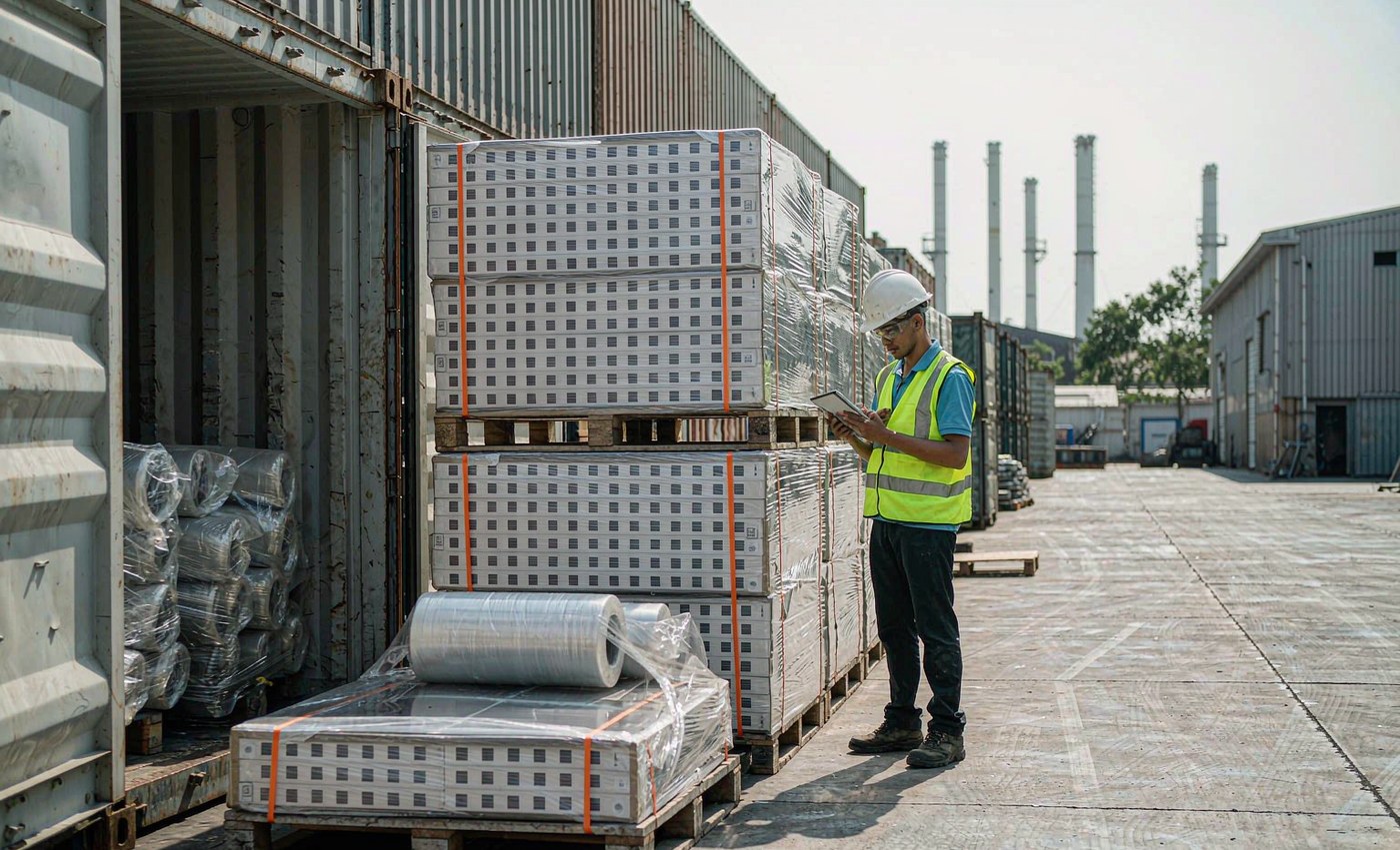 Third party inspector checking solar module cartons before container loading