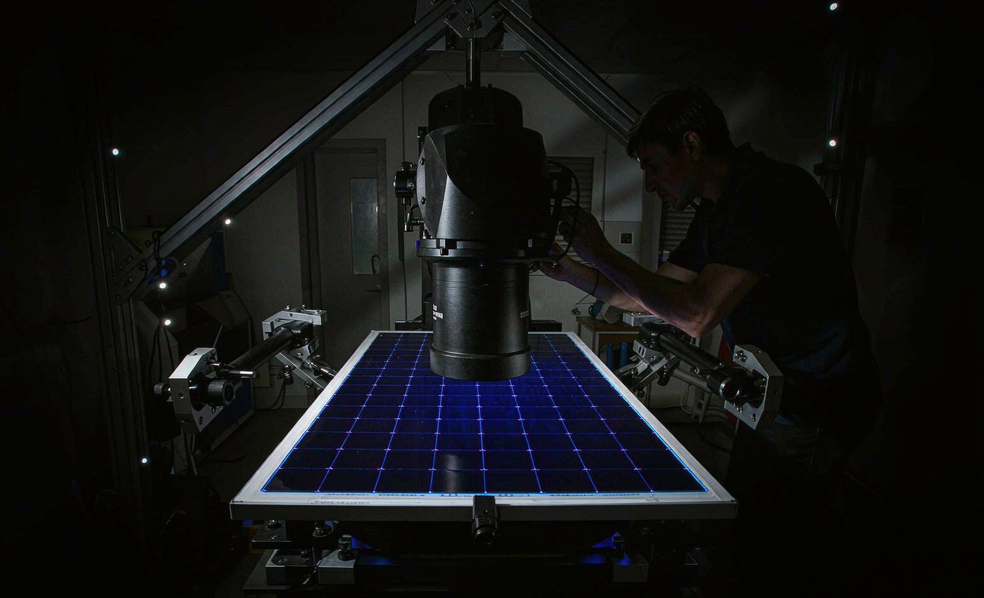 Solar module undergoing electroluminescence imaging showing cell pattern and micro-cracks